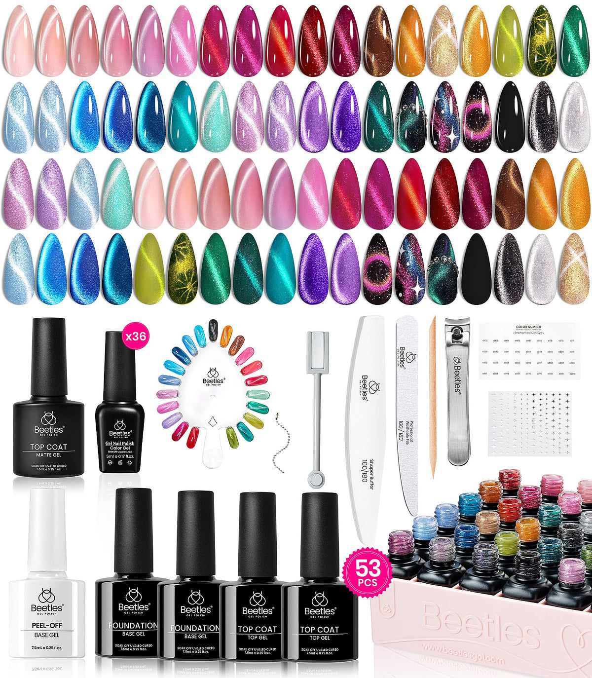 beetles front packaging showing 36 colors and included tools, organized for easy use