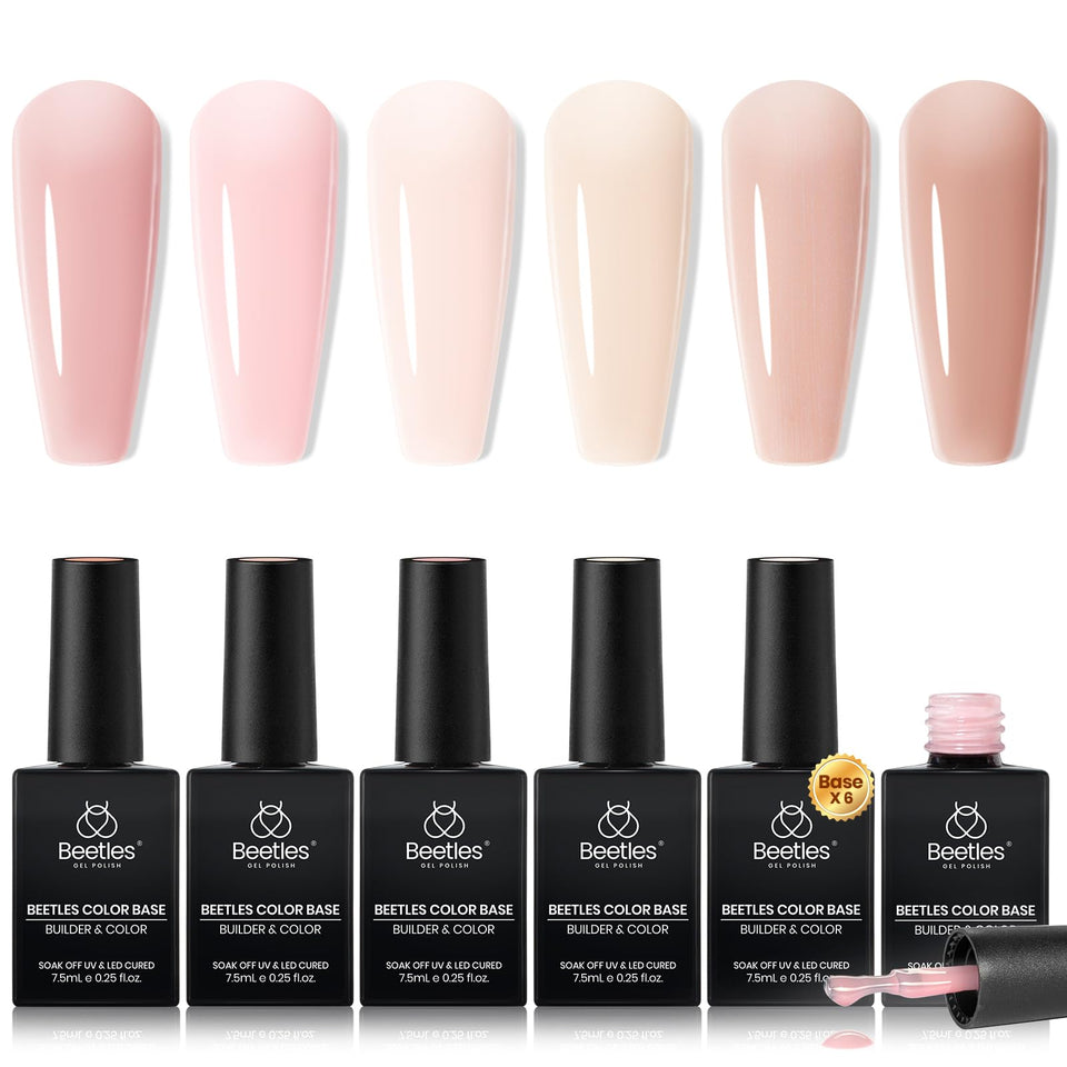 Beetles Gel Polish front shot showing six nude bottles and flexible base benefits