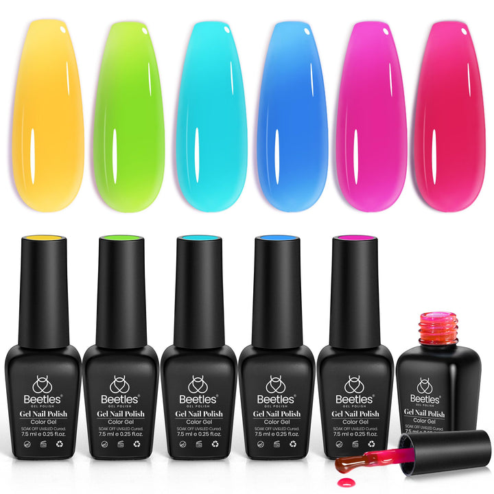 Beetles front packaging of six neon jelly gel bottles showing vibrant summer colors and gift-ready design