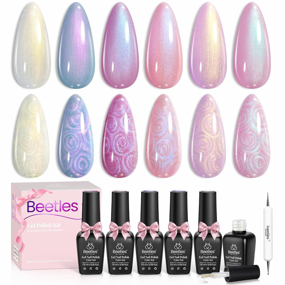Beetles front packaging showing six pearl shimmer colors and included dotting pen benefit: clear palette