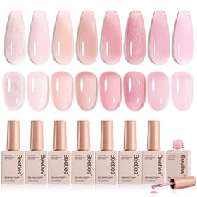 Beetles showing front packaging of eight nude-pink gel bottles, ideal gift