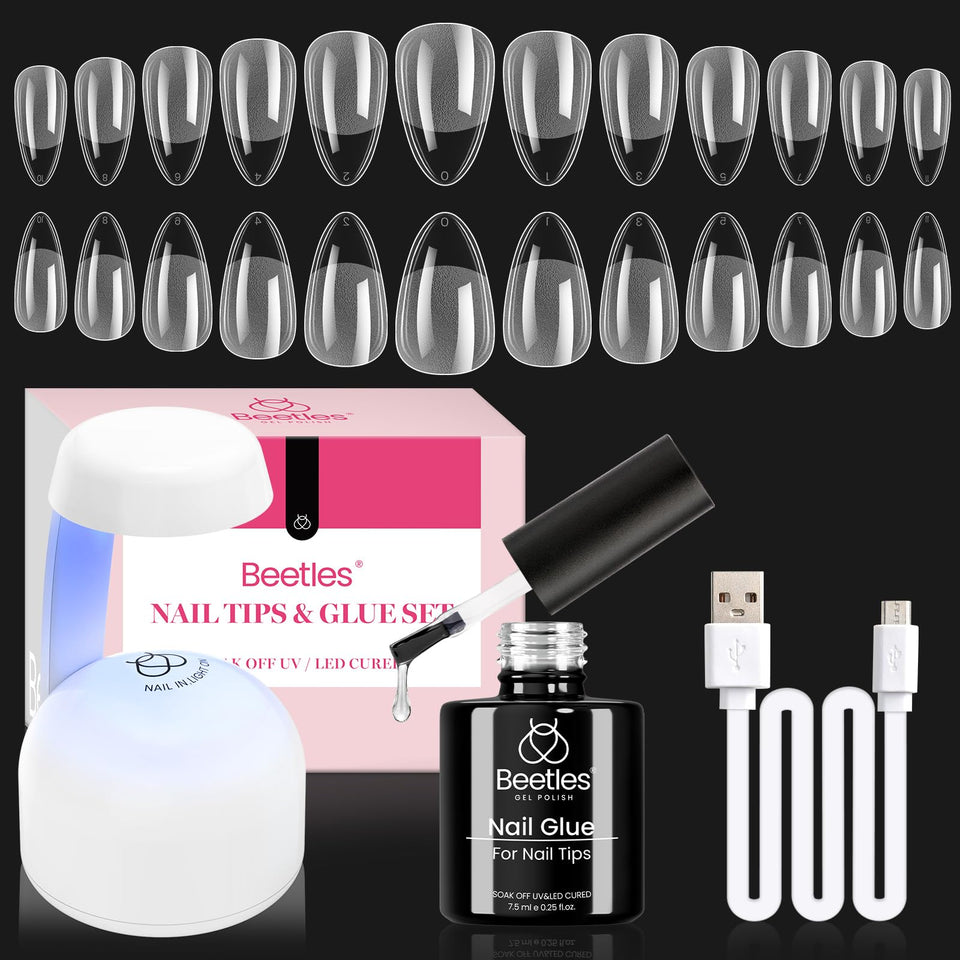 beetles front packaging showing full almond-shaped gel kit and contents for convenience