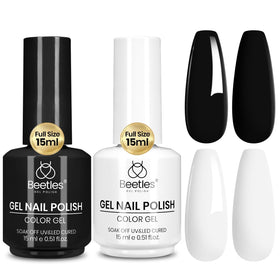 beetles showing front packaging of black white gel duo for versatile nail art