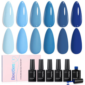 Beetles front packaging showing six ocean blue gel polish shades and kit benefit