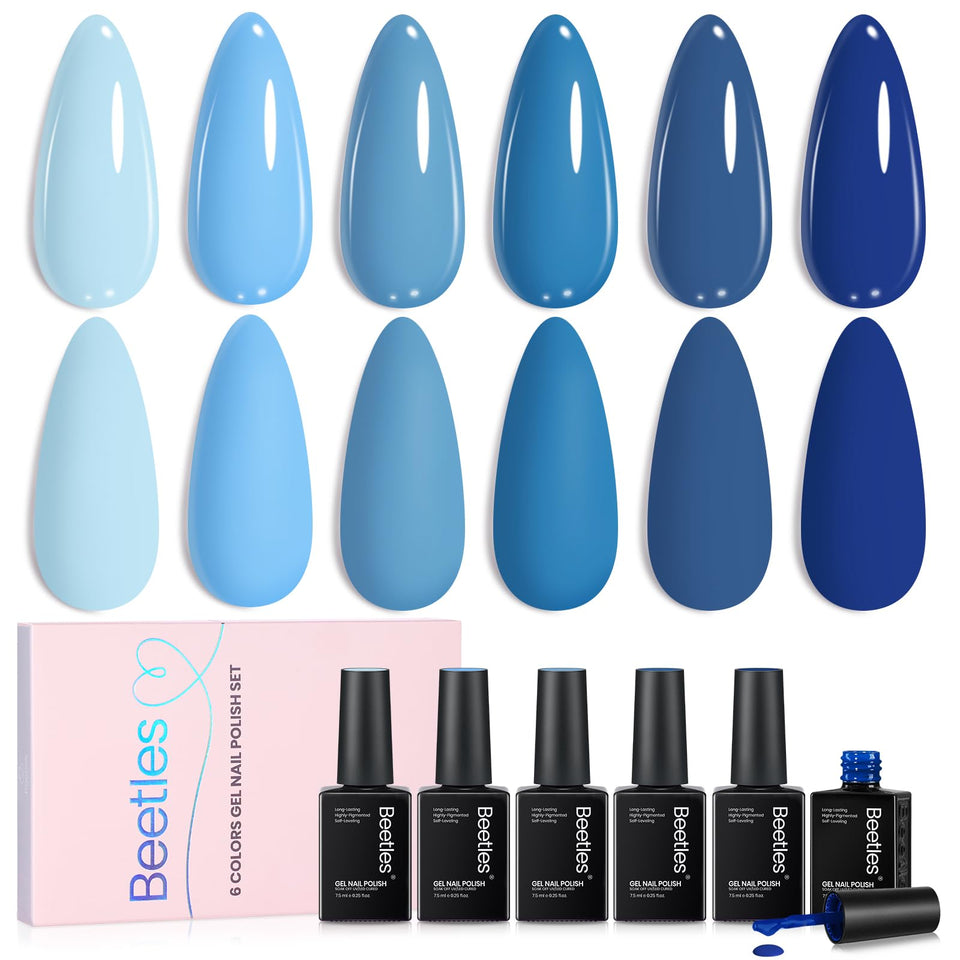 Beetles front packaging showing six ocean blue gel polish shades and kit benefit