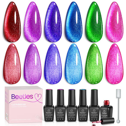 beetles front packaging cat eye set showing six neon bottles and magnet benefit at-a-glance