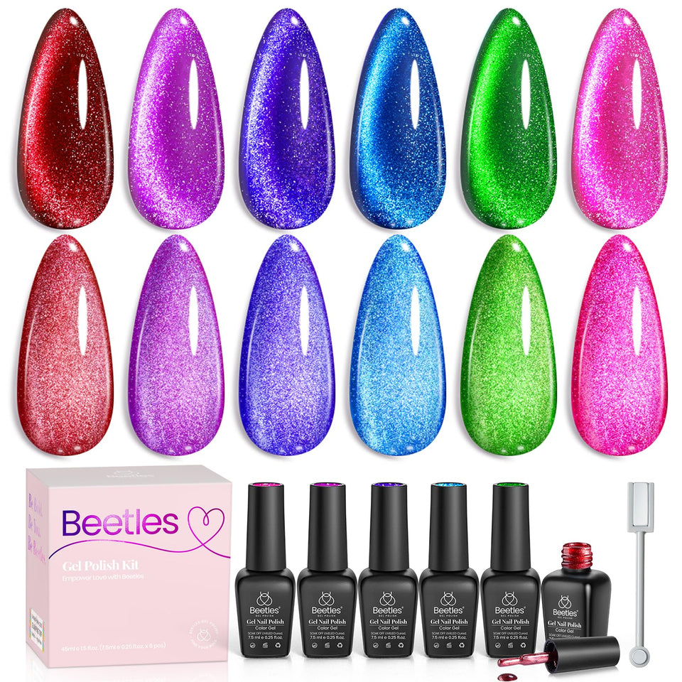 beetles front packaging cat eye set showing six neon bottles and magnet benefit at-a-glance