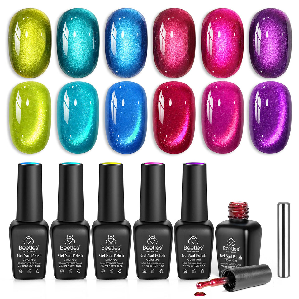 beetles front packaging showing six neon cat eye bottles and magnetic rod for versatile looks