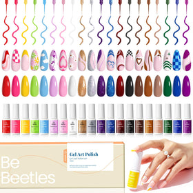 Beetles front view of all 20 gel liner bottles showing color range and neat packaging benefit