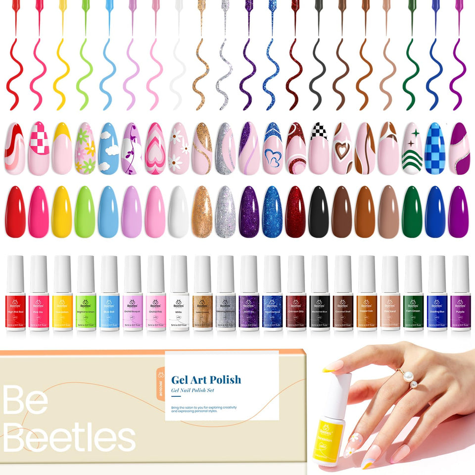 Beetles front view of all 20 gel liner bottles showing color range and neat packaging benefit
