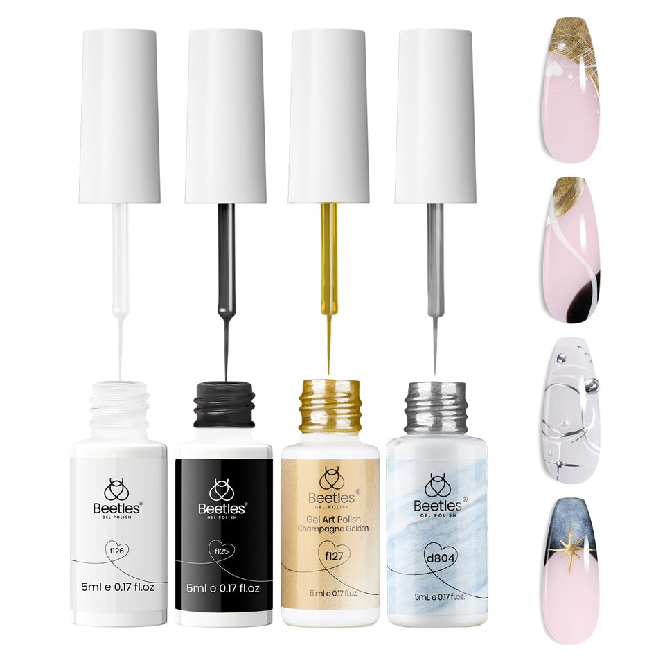beetles front packaging showing four 5ml gel liner bottles and box, professional finish