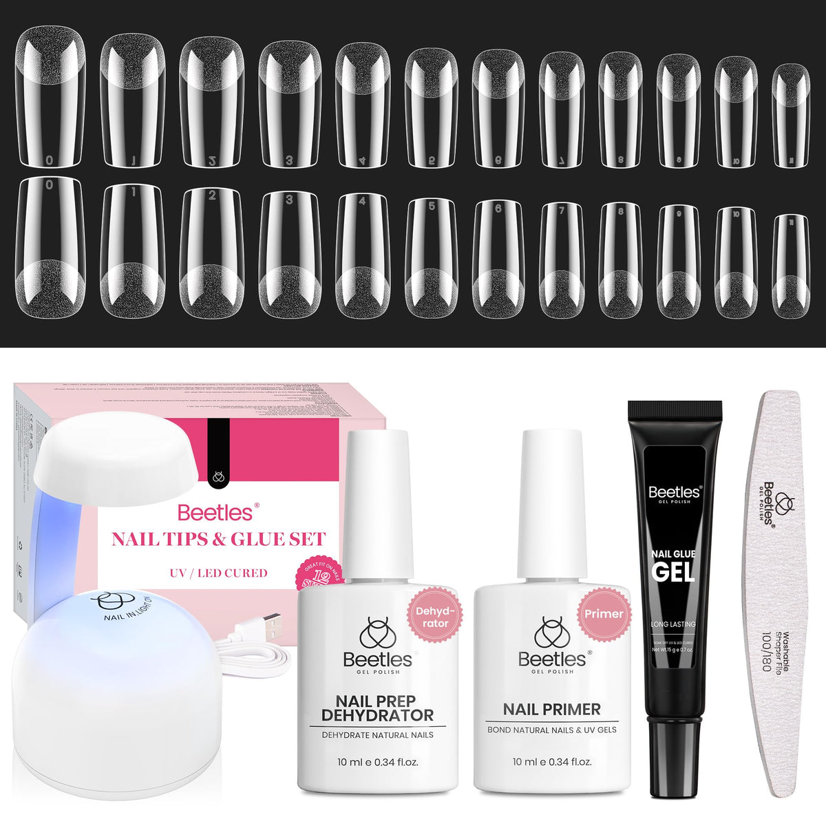 Beetles kit front packaging showing complete gel extension set and benefits