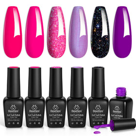 beetles front packaging showing six hot pink gel bottles and gift-ready box, brand presentation benefit