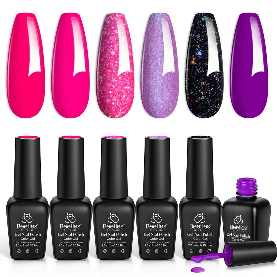 beetles front packaging showing six hot pink gel bottles and gift-ready box, brand presentation benefit
