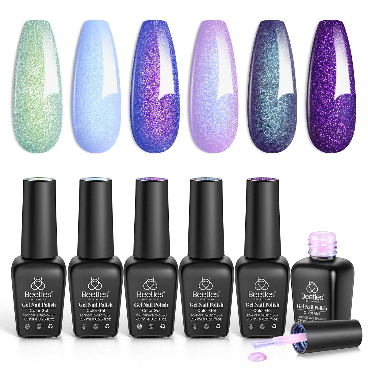 Beetles front packaging showing six glitter gel polish bottles and colorful display benefit quick selection