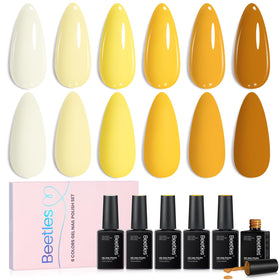beetles front packaging showing six yellow gel polish bottles and bright appeal