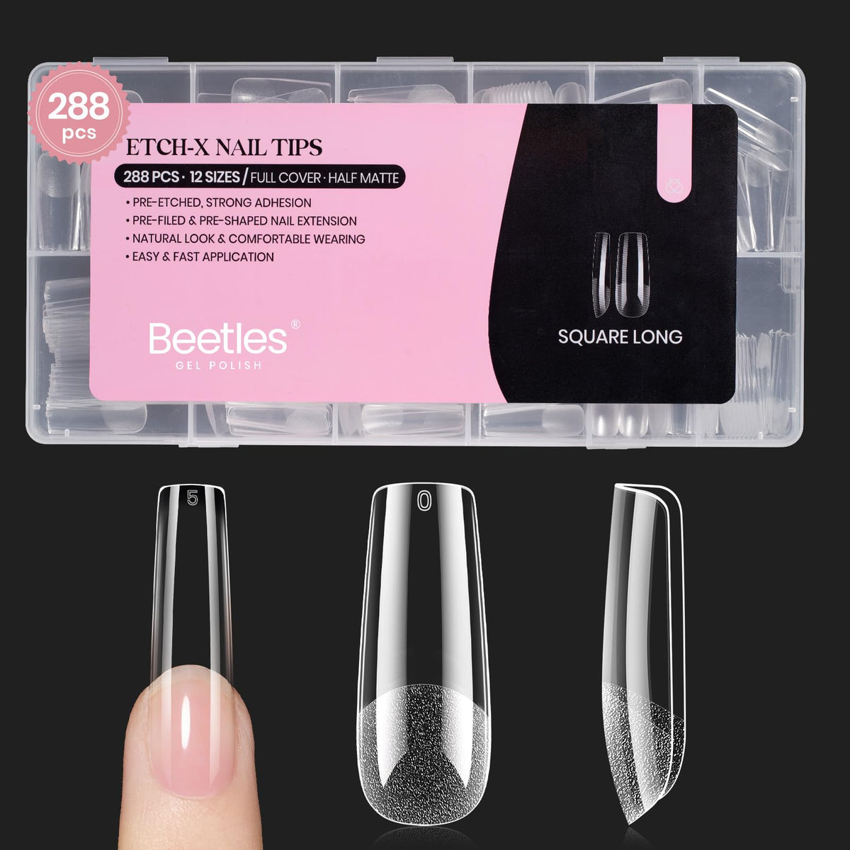 Beetles front packaging showing 288-piece kit and long square tips benefit quick selection