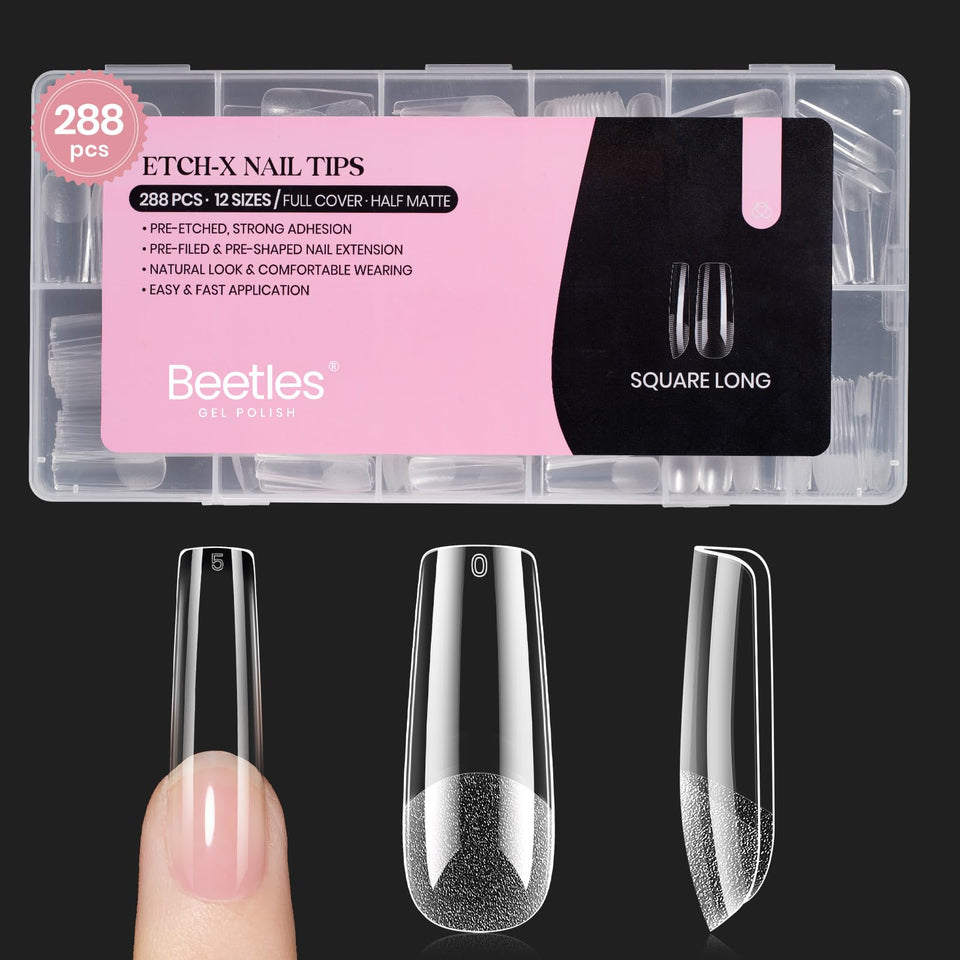 Beetles front packaging showing 288-piece kit and long square tips benefit quick selection