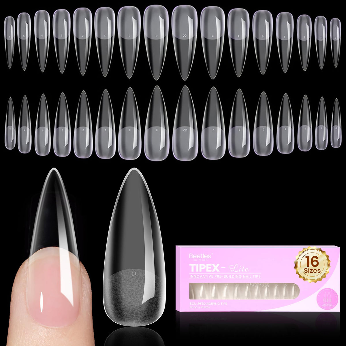 Beetles front packaging showing long stiletto tips and quick benefits