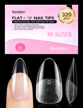 Beetles front packaging showing 320 medium almond nail tips and kit contents benefit organization