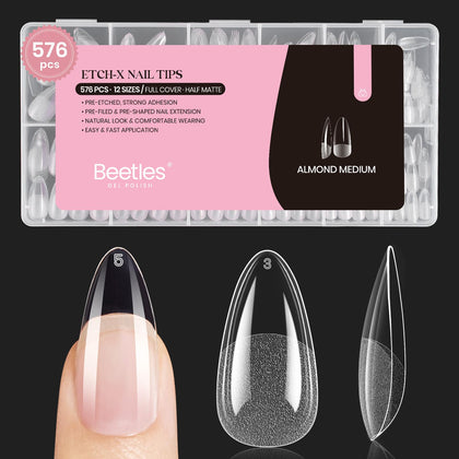 Beetles front packaging showing 576 medium almond nail tips and kit convenience