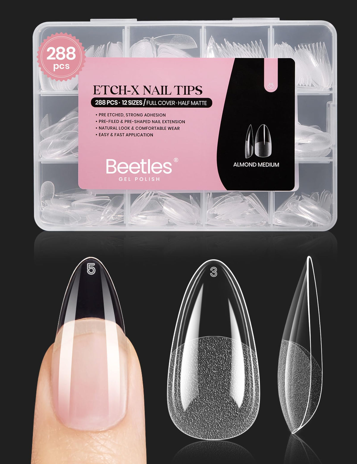 Beetles Gel Polish front packaging showing 288-piece almond tips, fast application benefit