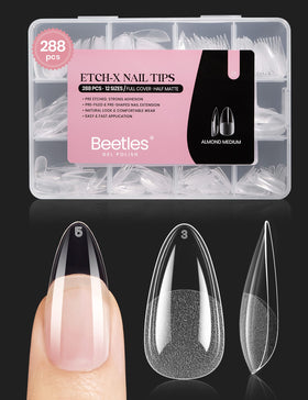 Beetles Gel Polish front packaging showing 288-piece almond tips, fast application benefit