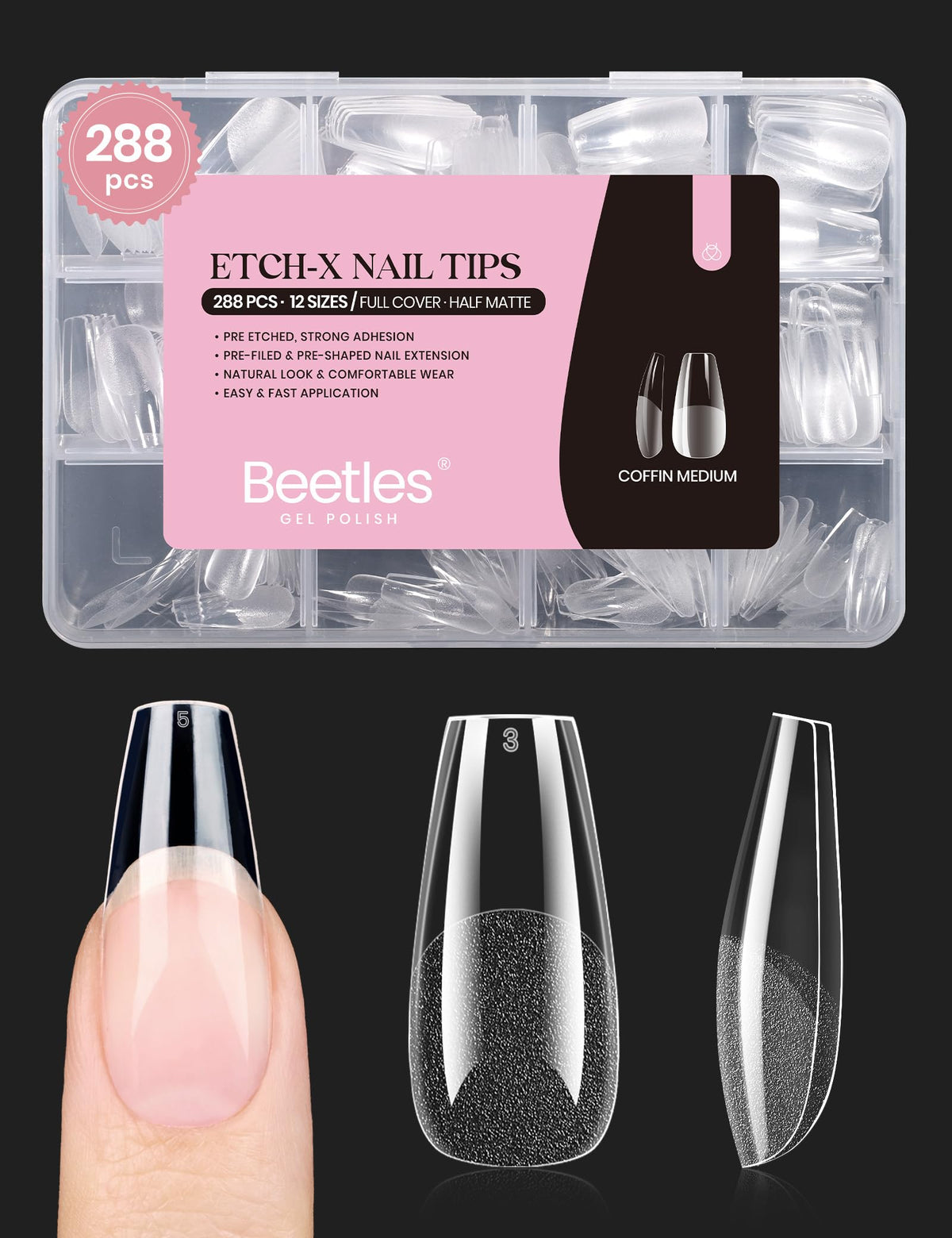 Beetles Gel Polish front packaging showing 288-piece coffin set for quick application