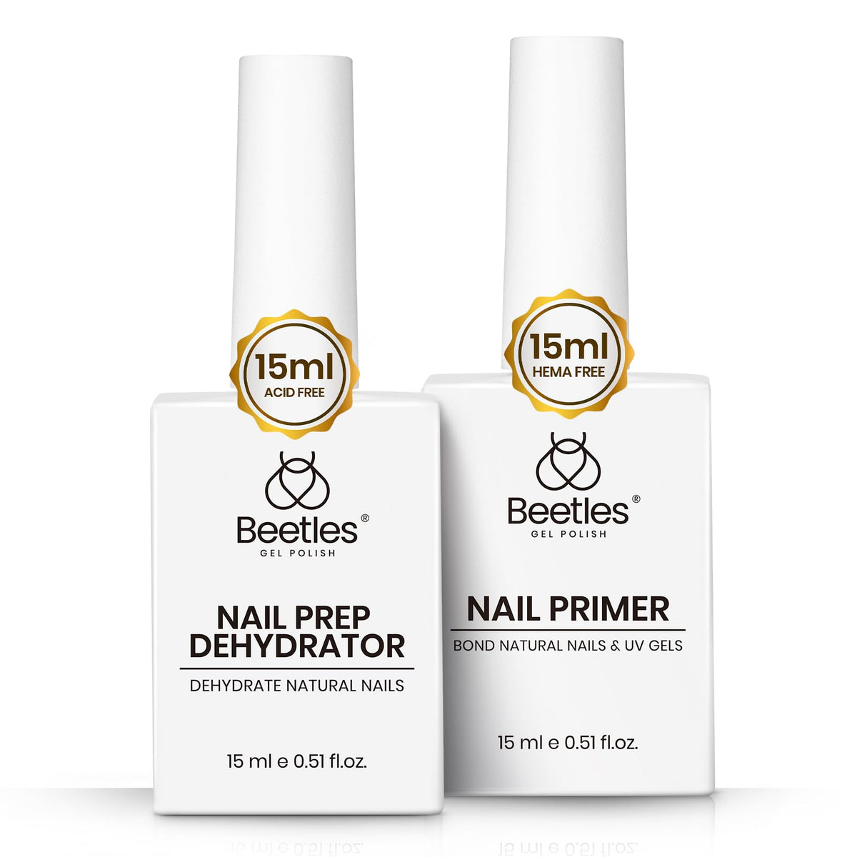 Beetles Gel Polish front packaging showing the two 15ml prep bottles and labels for quick identification and professional use