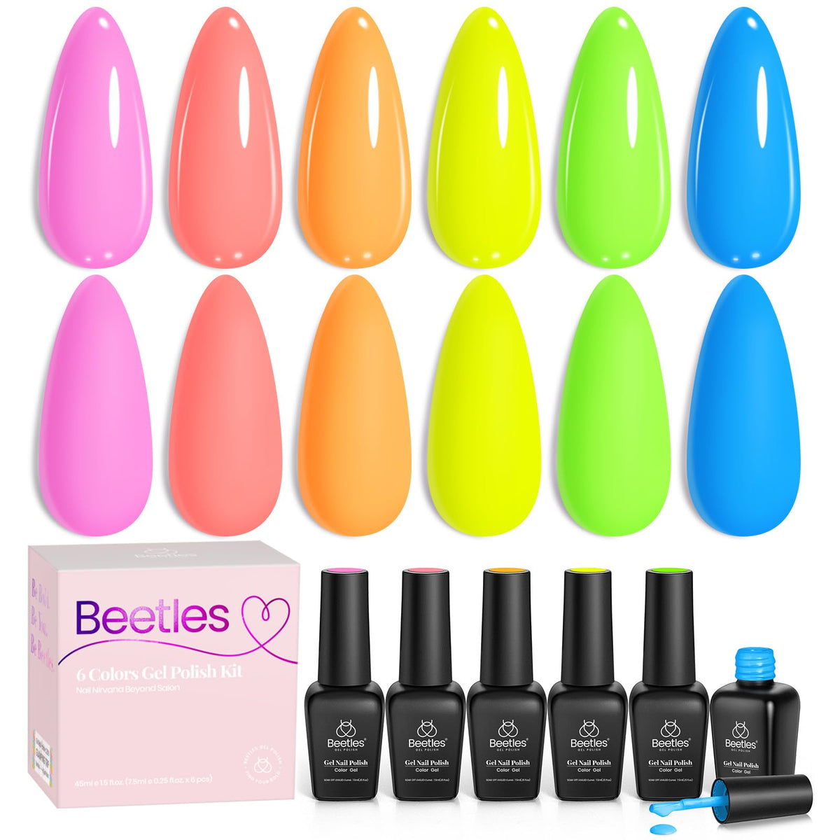 Beetles front packaging neon set showing six vibrant bottles and clear labeling for quick selection