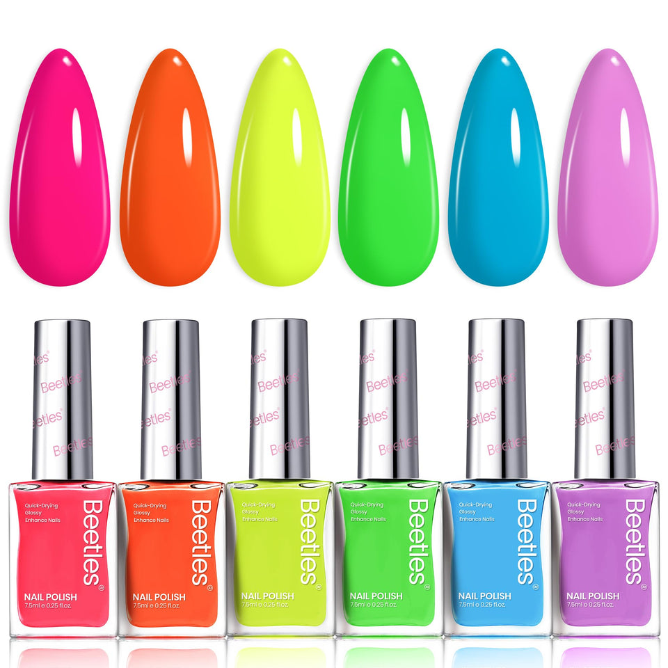 Beetles front packaging showing six neon bottles with glossy finish benefit