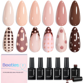 beetles front packaging showing six nude gel bottles and branding benefit easy selection