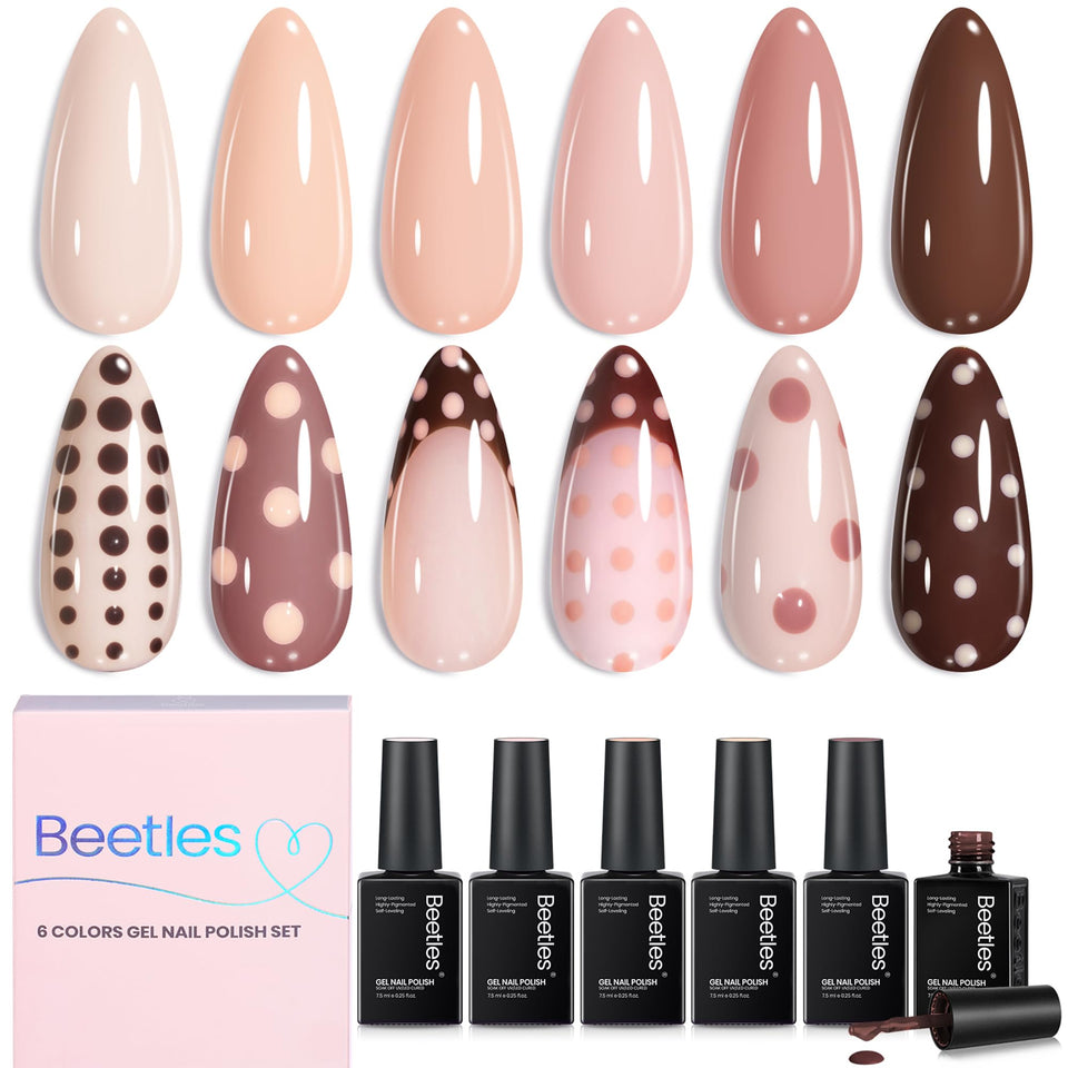 beetles front packaging showing six nude gel bottles and branding benefit easy selection
