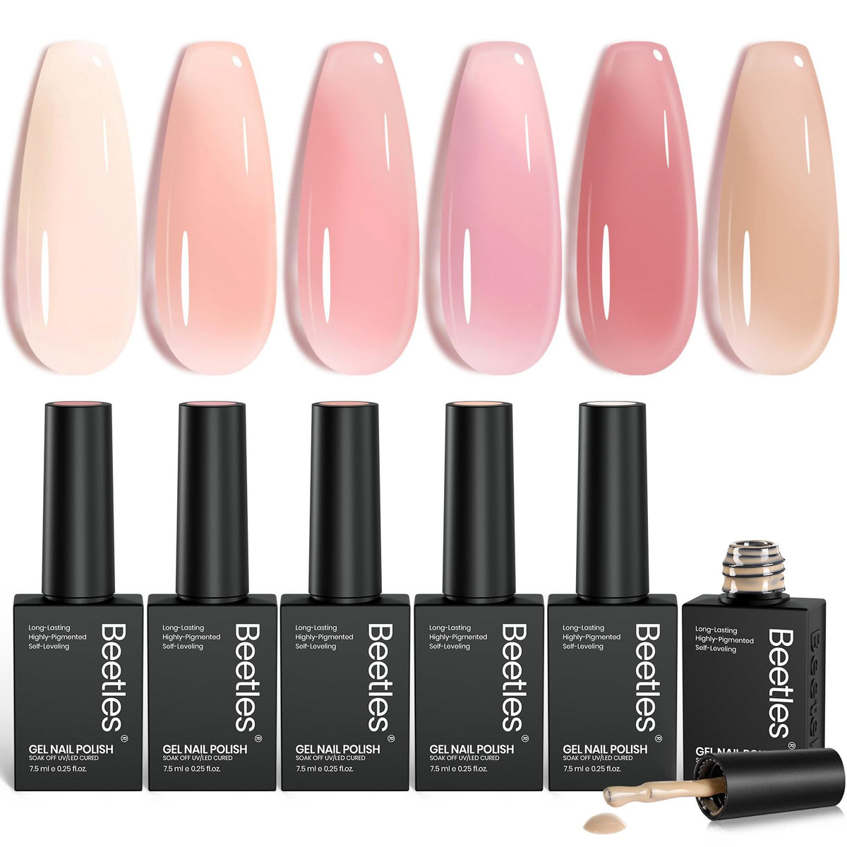 Beetles front packaging of six nude gel bottles showing compact gift-ready kit benefit