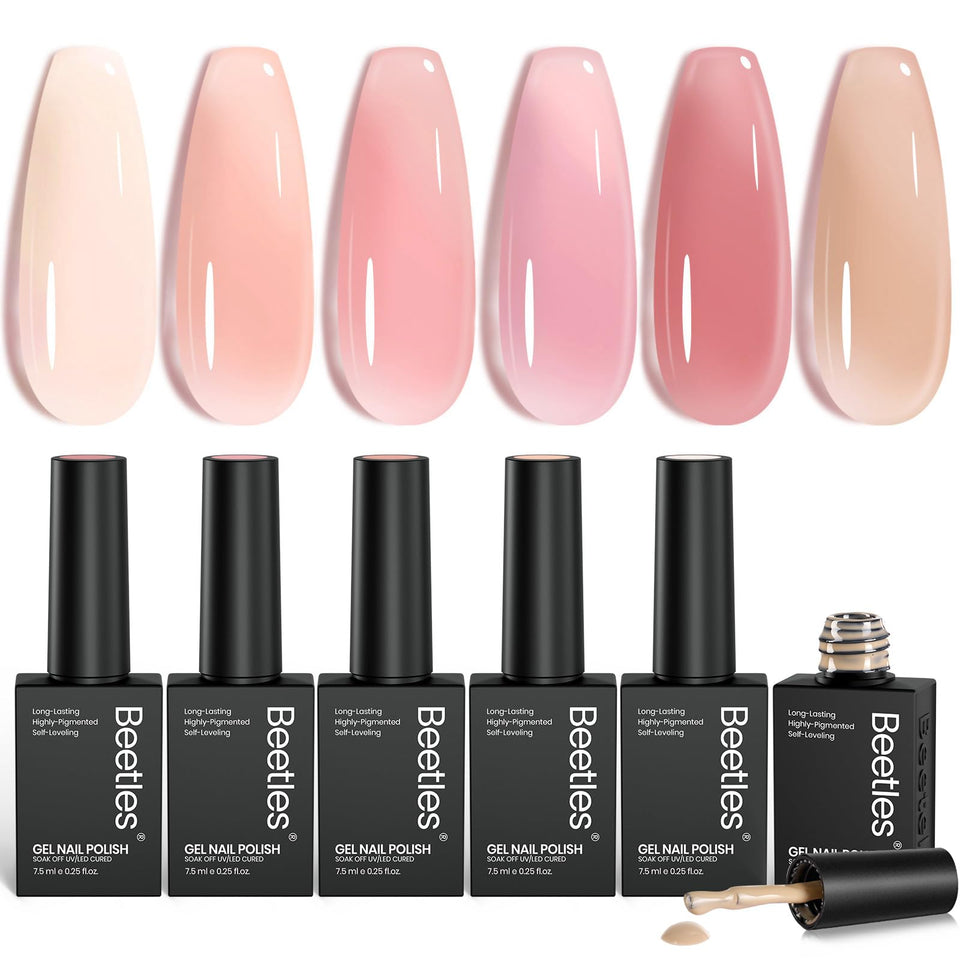 Beetles front packaging of six nude gel bottles showing compact gift-ready kit benefit