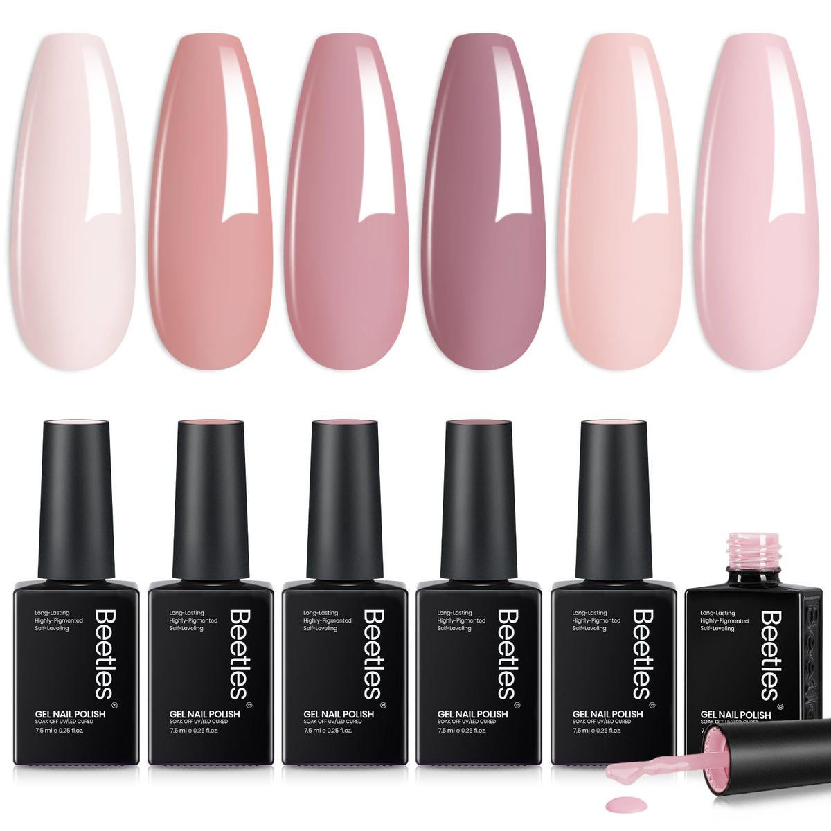 beetles front packaging showing six nude pink bottles and cohesive palette benefit