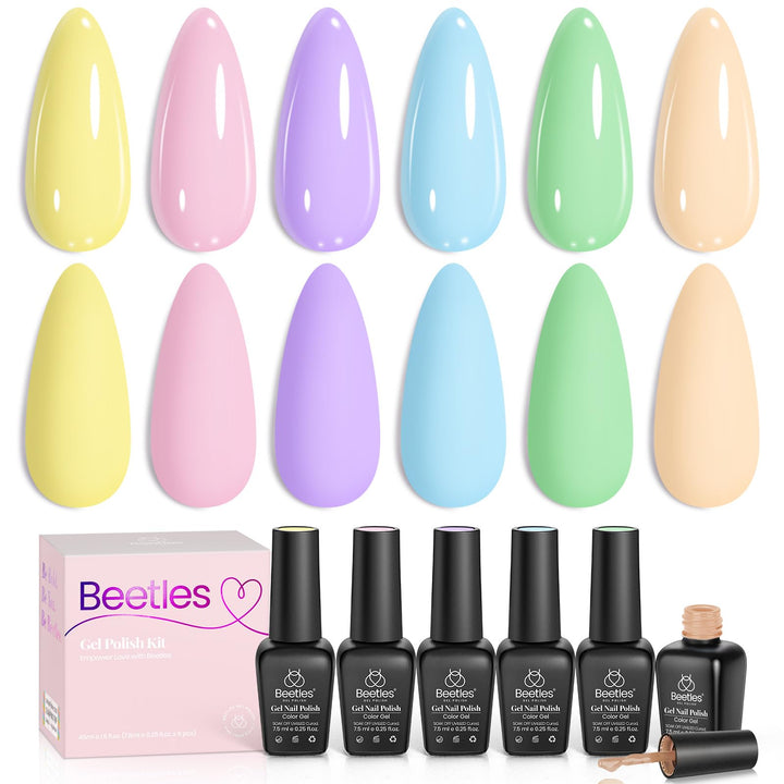 beetles gel polish front packaging showing six pastel bottles and kit benefits
