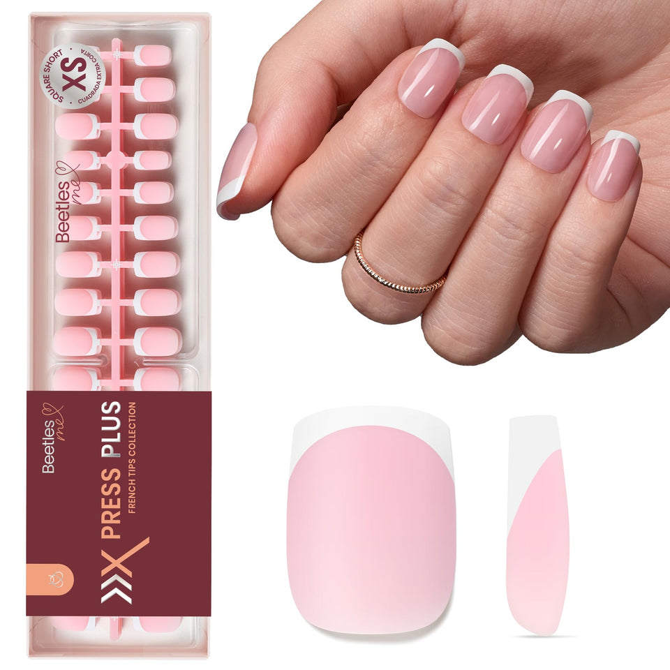 beetles front packaging showing peach French press on nails and quick application benefit