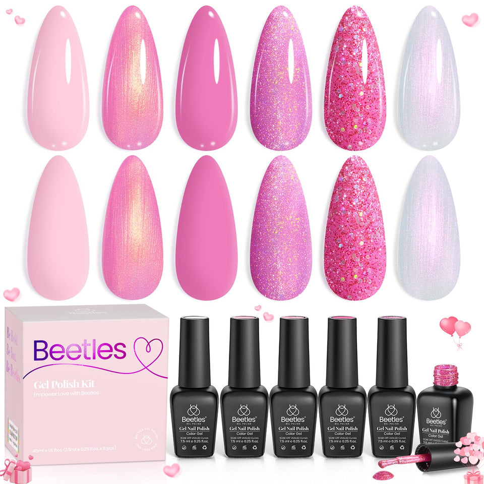Beetles Gel Polish front packaging showing six pink shades and kit benefit