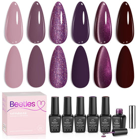 beetles front packaging showing six purple gel polish bottles and magnet, presents cohesive gift-ready set