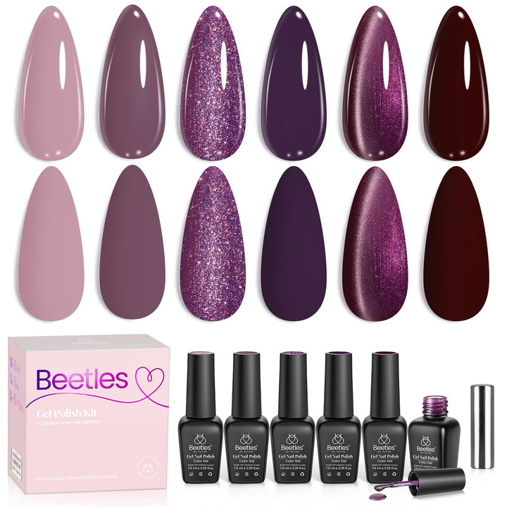 beetles front packaging showing six purple gel polish bottles and magnet, presents cohesive gift-ready set