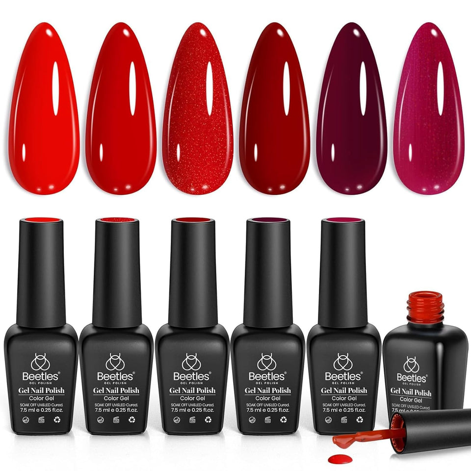 Beetles front packaging showing six red gel bottles and gift-ready box