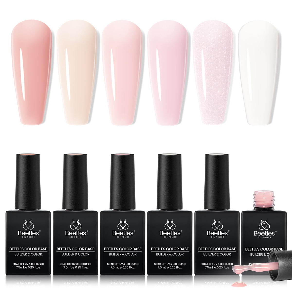 Beetles front packaging set showing six nude jelly shades and bottles, clear selection benefit