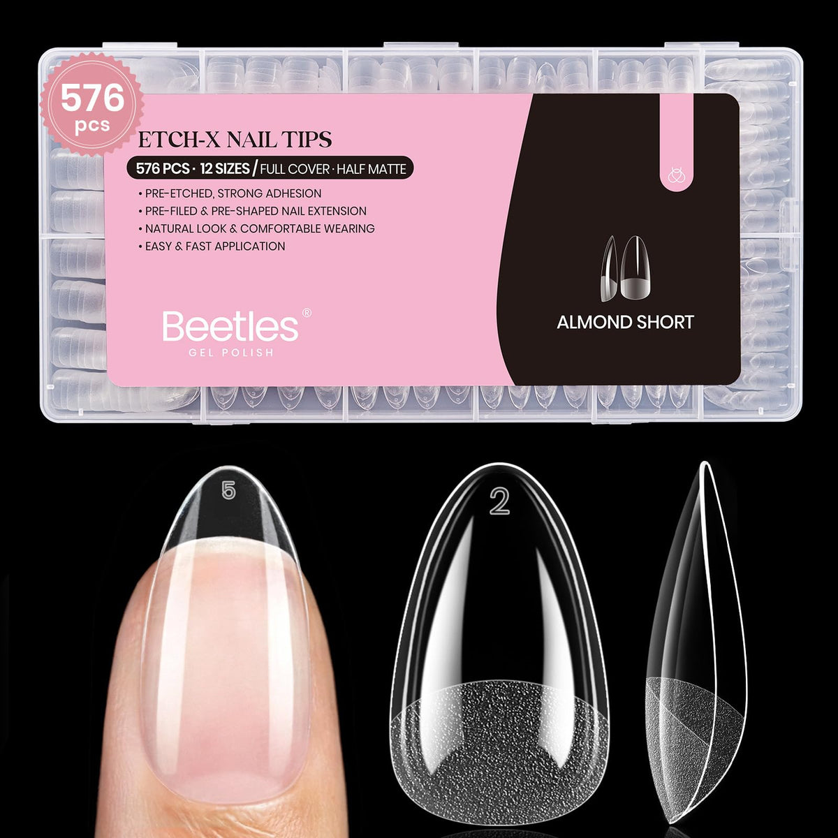 beetles front packaging showing 576-piece short almond tips and easy organization
