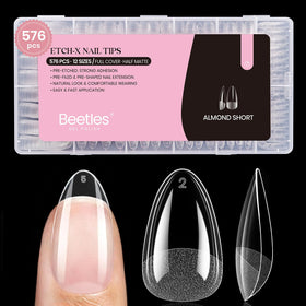 beetles front packaging showing 576-piece short almond tips and easy organization