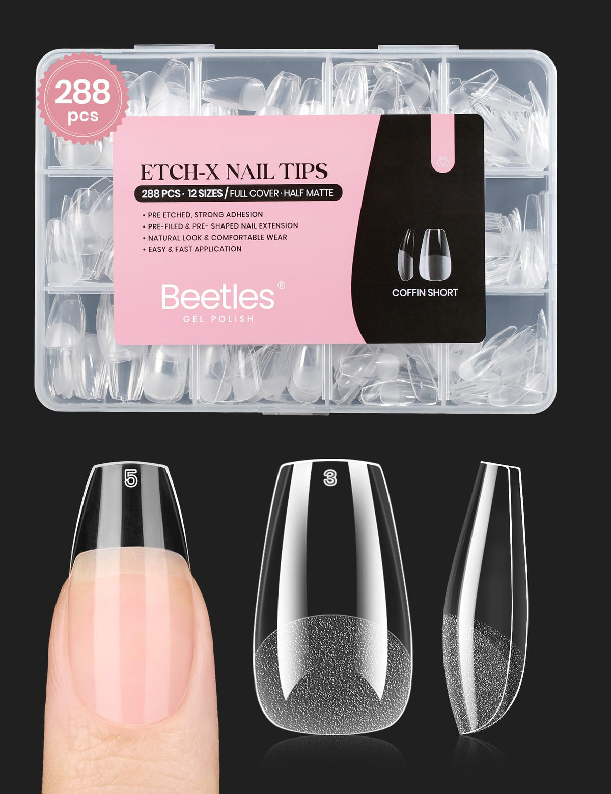 Beetles front packaging showing 288 short coffin tips and sizes, quick selection benefit