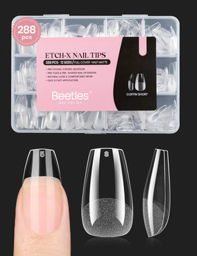 Beetles front packaging showing 288 short coffin tips and sizes, quick selection benefit