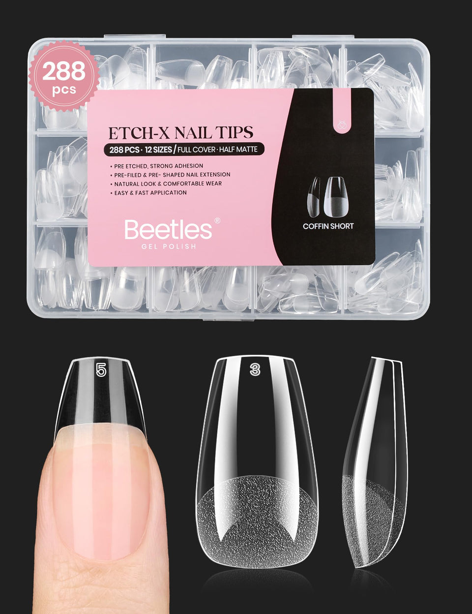 Beetles front packaging showing 288 short coffin tips and sizes, quick selection benefit