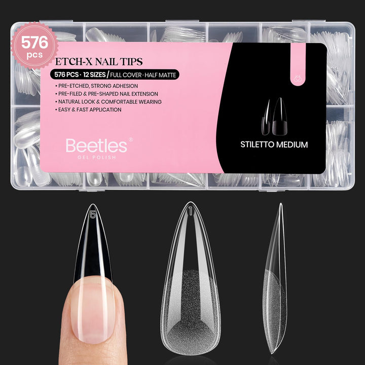 Beetles front packaging showing 576PCS stiletto set and clear contents benefit quick selection