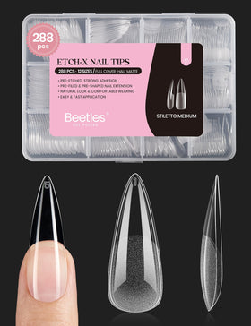 Beetles Gel Polish front packaging showing 288-piece stiletto set, easy selection benefit